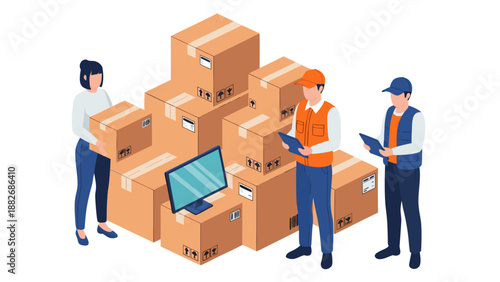 Isometric vector illustration of people with boxes and a monitor, symbolizing logistics and delivery services
