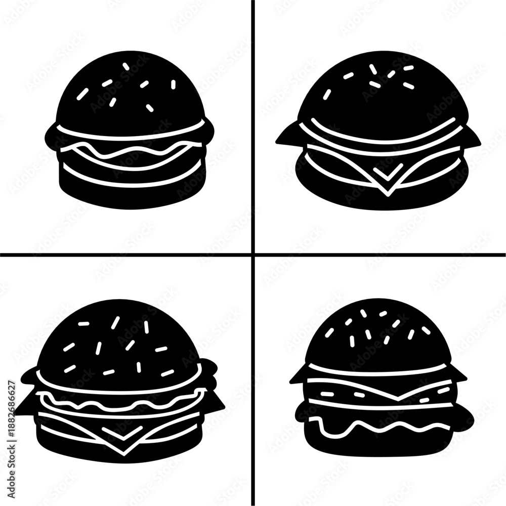 Fototapeta premium A set of four black burger icons, displayed in various shapes and styles. Simple flat silhouette design. Stock vector.
