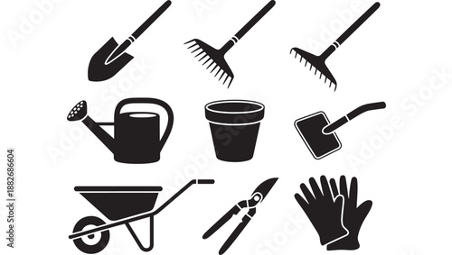 Gardening tools collection including shovel, rake, trowel, watering can, and gloves arranged neatly for gardening activities in a simple graphic illustration