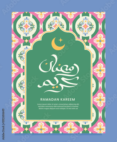 Colorful Ramadan Ornamental Card Design. with traditional Arabic calligraphy, crescent moon elements, and vibrant ornamental patterns for religious celebrations and holiday branding.