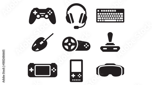 Collection of gaming accessories and devices displayed together, showcasing various gaming peripherals and gadgets in a clean and minimalist setting