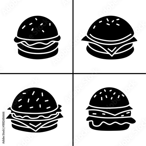 A set of four black burger icons, displayed in various shapes and styles. Simple flat silhouette design. Stock vector.