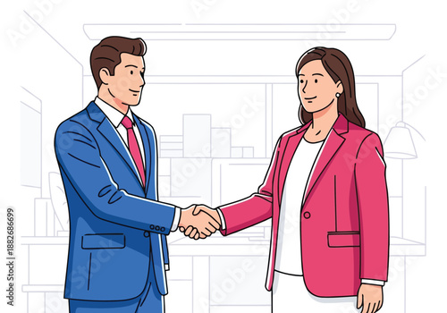 Businessman and businesswoman shaking hands for partnership deal vector