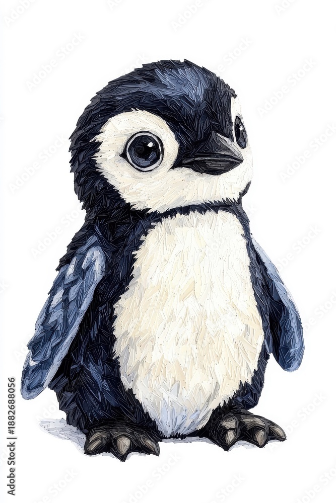 Fototapeta premium A baby penguin, isolate on white background, with fluffy down feathers and a curious look.