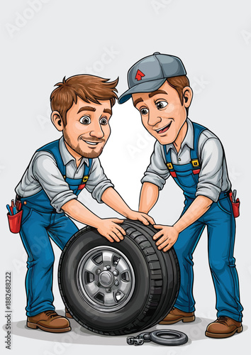 062-14-Auto mechanics collaborating on changing a vehicle tire and offering repair assistance