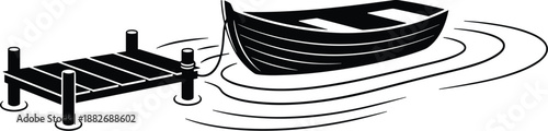 Minimal vector silhouette, old wooden rowboat tied to a small dock with gentle ripples in the water, solid black, isolated on white.