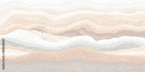 Abstract landscape with flowing wavy layers of sediment and sand textures in warm earthy tones of beige brown and cream creating a gentle organic horizontal background pattern