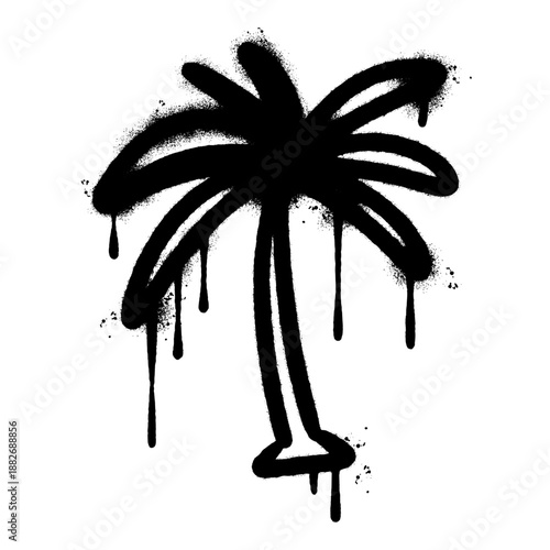 Spray Painted Palm Tree Graffiti Stencil with Drips on White Background.