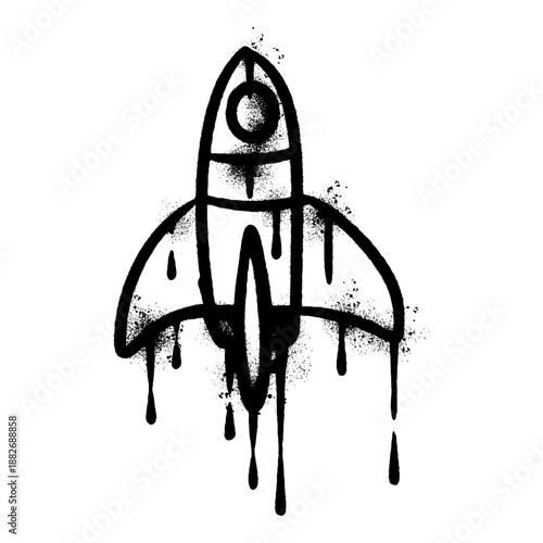 Graffiti Rocket Ship Illustration with Black Paint Drips and Spray Splatter