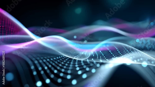 Digital wave landscape with vibrant neon lights and particles in a futuristic environment, viewed from a low angle.