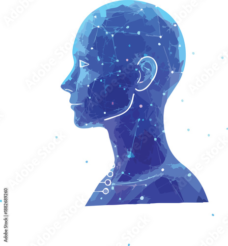 Abstract blue polygonal human head profile silhouette representing artificial intelligence, machine learning, and digital brain network technology concept