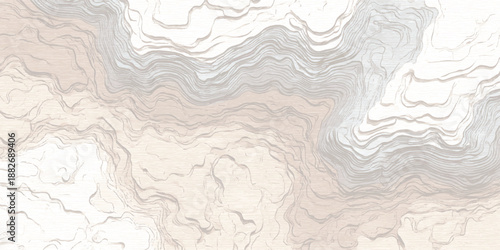 Abstract topographic map inspired pattern with organic flowing lines and subtle color variations in beige and grey creating a textured visual
