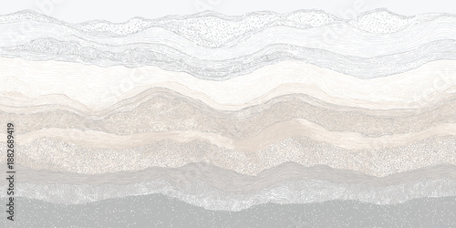 Layered abstract landscape with diverse textures and wavy contours in a neutral palette of grey, beige, and white creating a detailed pattern