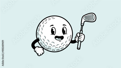 A cheerful cartoon golf ball character with a happy face and arms, holding a golf club, in a vintage black and white style on a light blue background.