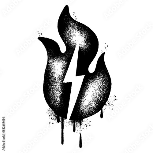 Lightning Bolt Inside Fire Flame Stipple Art Illustration in Grunge Style.