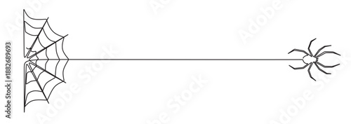 Continuous line art of a spider secreting silk to build a web as a home and trap for its prey. Vector illustration of a spider and a web