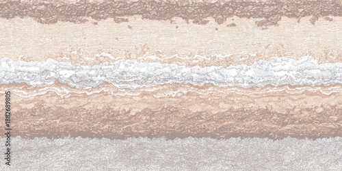 Abstract horizontal composition featuring layered bands of earthy colors and intricate textures resembling geological strata or coastal formations