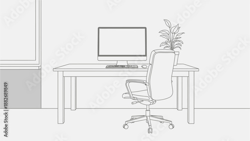 Line art illustration of a modern home office workspace with a computer, desk, and ergonomic chair.