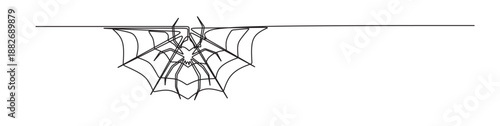 Continuous line art of a spider secreting silk to build a web as a home and trap for its prey. Vector illustration of a spider and a web