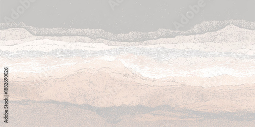 Gentle abstract landscape with soft rolling hills and textured wave-like patterns in muted grey, white, and beige tones