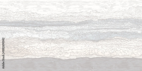 Panoramic abstract landscape with layered geological formations in cool muted tones and fine linear detail evoking a sense of distance