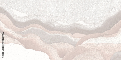 Abstract landscape with soft pastel colors and undulating layered forms creating a dreamlike and tranquil atmosphere with subtle textural details
