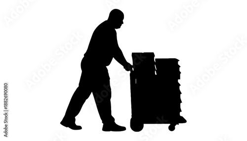 A silhouette of a man pushing a cart with boxes on it