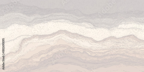 Abstract layered geological strata with delicate hatching and soft earth tones creating a serene and organic visual texture