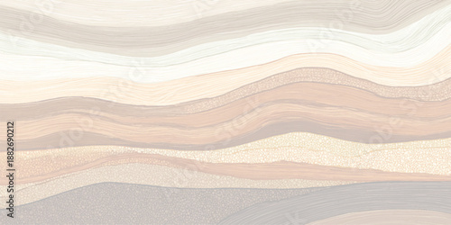 Abstract horizontal panorama with flowing bands of warm neutral tones and varied granular textures evoking a sense of natural earth formations