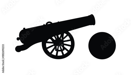 A black silhouette of a historic cannon with a wheel and ball