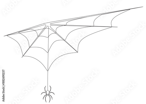 Continuous line art of a spider secreting silk to build a web as a home and trap for its prey. Vector illustration of a spider and a web