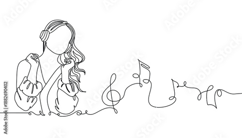 A woman wearing headphones and listening to music with a musical note