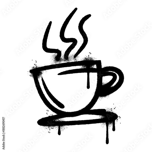 Graffiti spray paint coffee cup icon with steam and drips on white background.