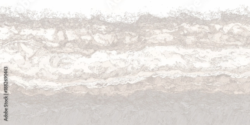 Top-down abstract view of organic layered formations with a textured surface in muted earth tones and soft light creating depth