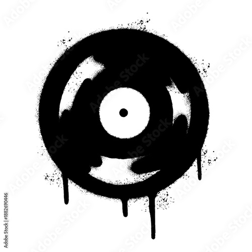 Grunge style illustration of a black vinyl record disk created with a spray paint stencil effect. 