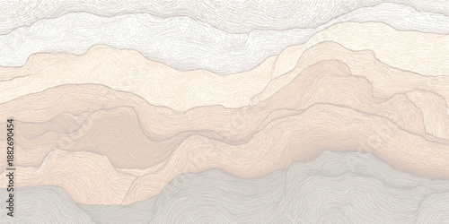 Organic layered geological formations in warm earth tones with intricate line work and a sense of depth and natural beauty