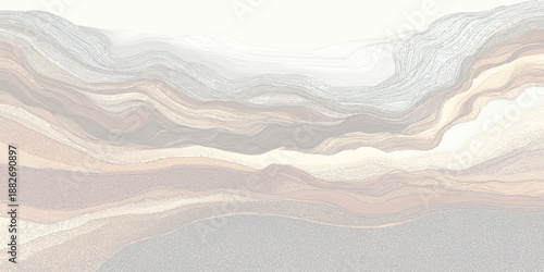 Horizontal landscape of abstract geological strata in warm earth tones and cool grays with textured layers and flowing lines suggesting a mountainous or desert terrain