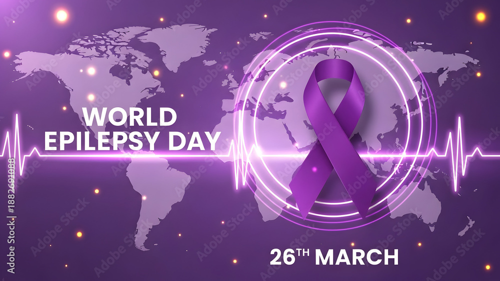 Fototapeta premium World epilepsy day purple ribbon on a purple background with a world map for awareness and health campaigns globally