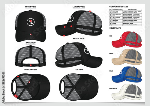 Professional Trucker Cap Tech Pack Design for Apparel Production