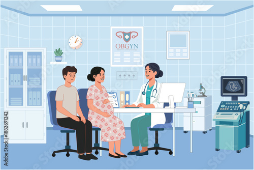 Pregnant Woman Consulting Obstetrician with Husband in Hospital Clinic Illustration