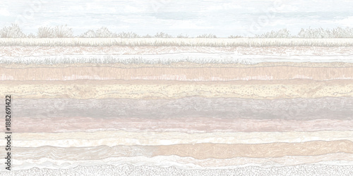 Cross-section of earth layers showing distinct strata with varied textures and colors from soil and rock formations