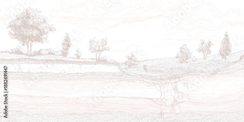 Stylized landscape with layered geological strata below a gentle hill with trees and sparse vegetation in muted tones