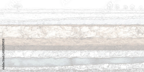 Layered geological cross-section with a serene river and trees in the distance rendered in a detailed monochromatic line style