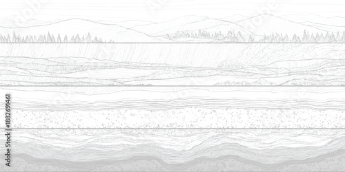 Stylized geological cross-section showcasing layered earth strata with a forest line and rolling hills in a detailed monochromatic line style