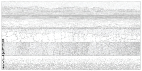 Detailed cross-section of geological strata and distant mountain range rendered in fine line with subtle tonal variations creating a layered natural landscape