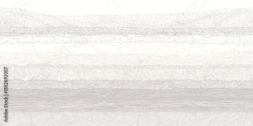 Abstract geological cross section of layered sedimentary rock formations in a minimalist etched style with a predominantly white and grey color palette
