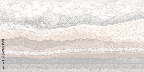Detailed cross section of geological strata layers showing sedimentary rock formations and mountainous terrain in a vintage etched style with a muted color palette