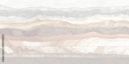 Detailed cross section of geological strata layers showing sedimentary rock formations and mountainous terrain in a vintage etched style with a rich earth tone color palette