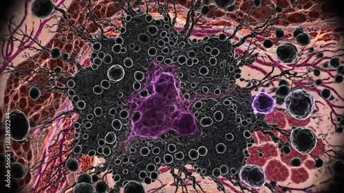 Microscopic view of a cancer cell with metastatic spread through surrounding tissue and vasculature.