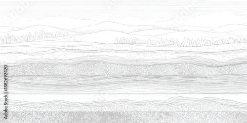 Monochrome geological strata cross section with detailed line showcasing layered sediment and rock formations against a stark white background